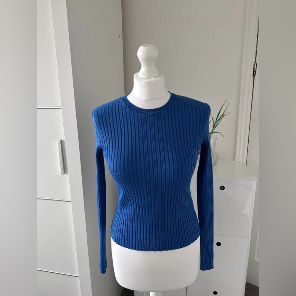 Blue Ribbed Knit Sweater